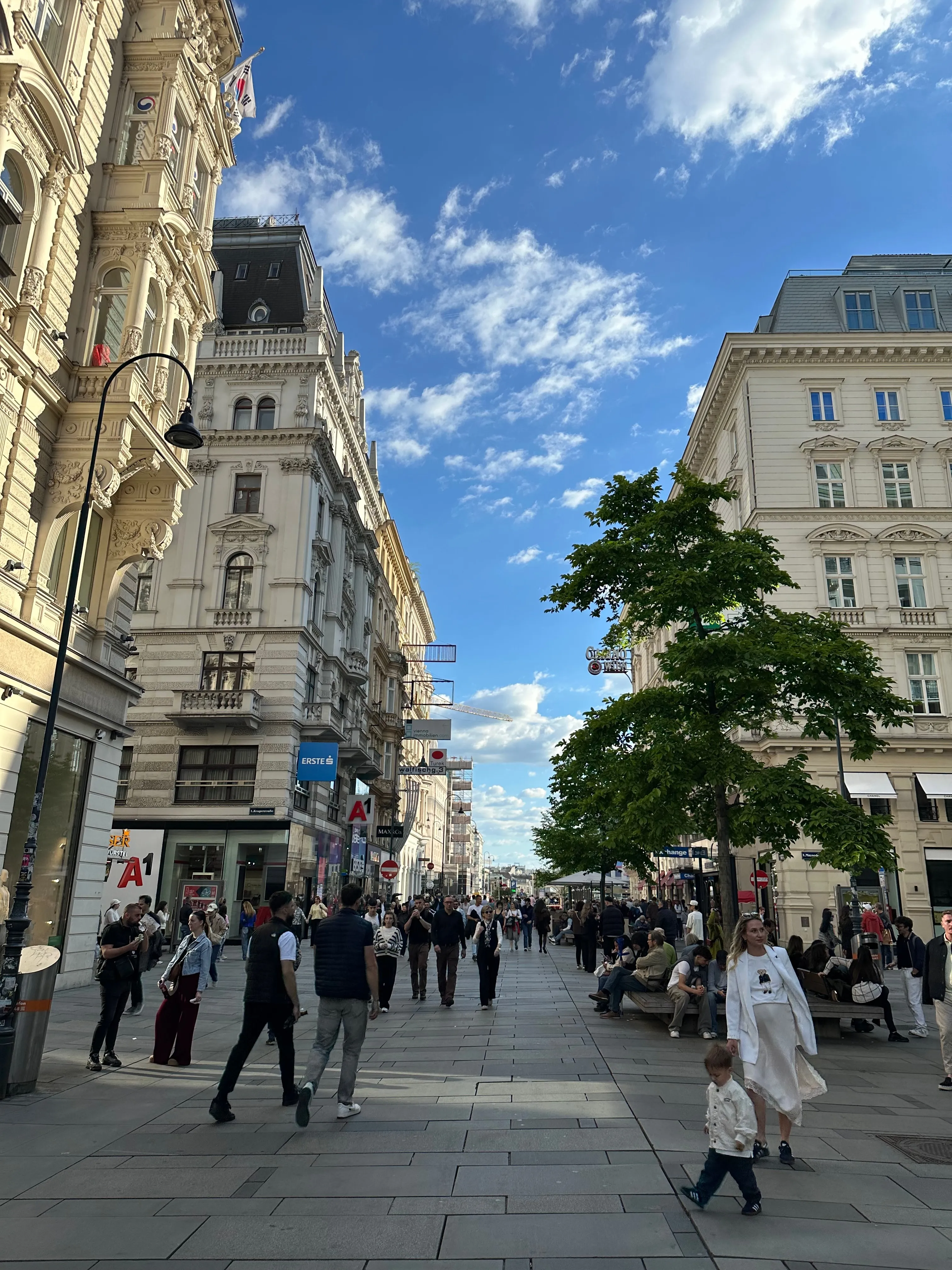 A pedestrian shopping street in the Innere Stadt, late-afternoon sun