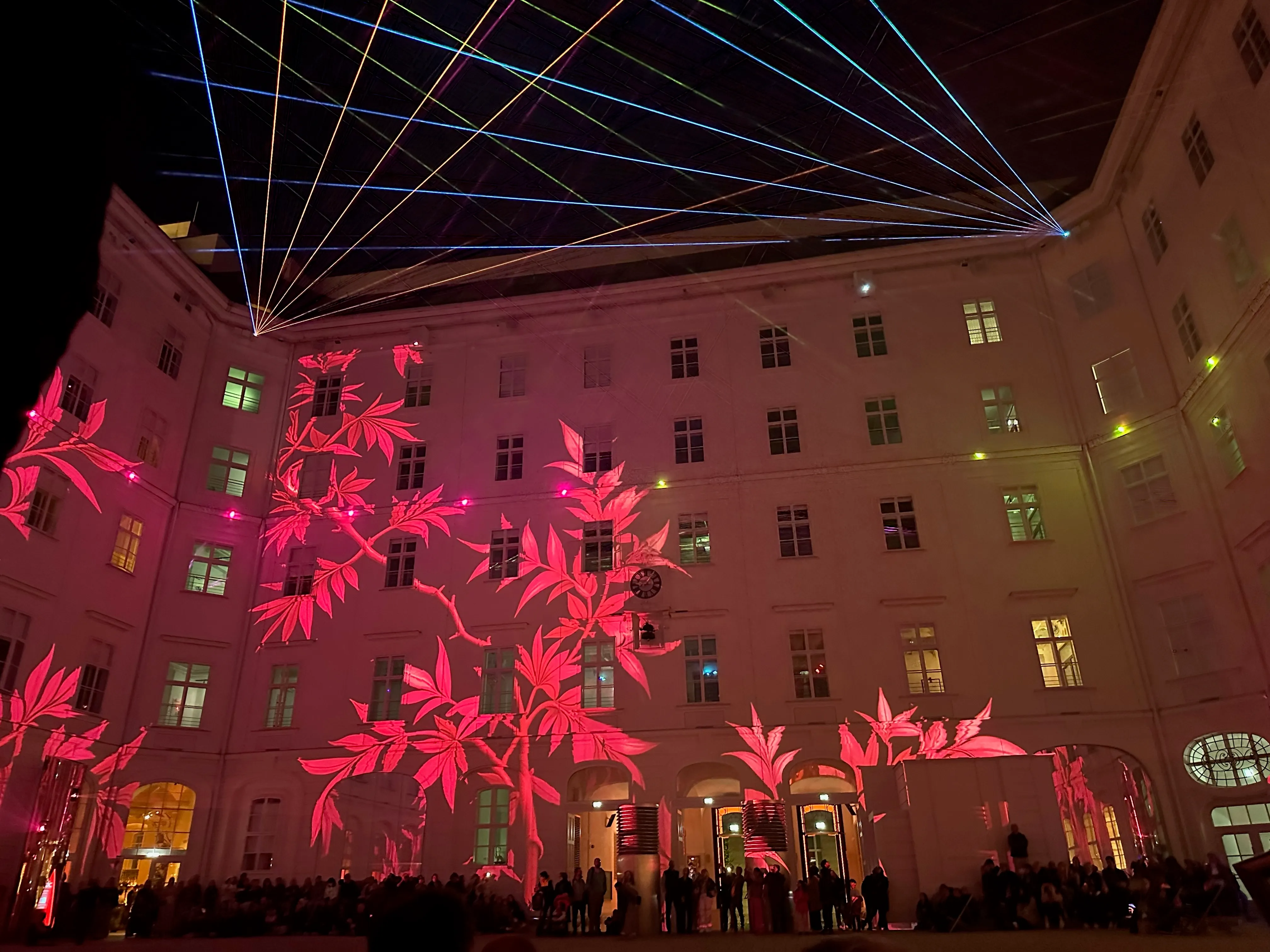 Light show in the courtyard at the Museum of Change — projected florals on the walls and lasers fanning across the night sky