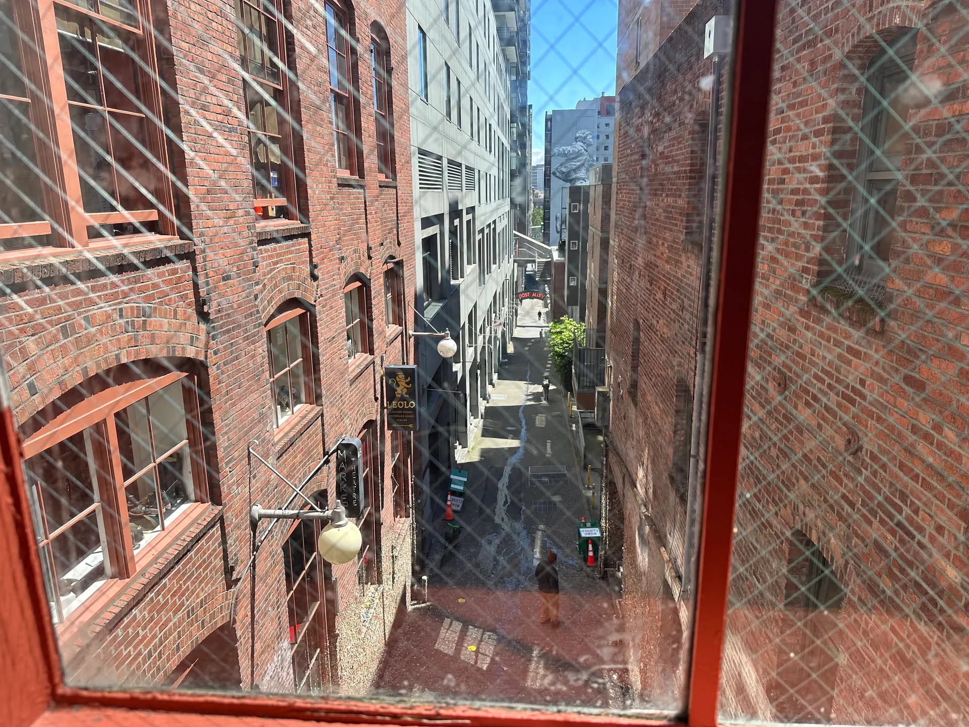 Post Alley looking down from above — home of the Gum Wall and The Pink Door