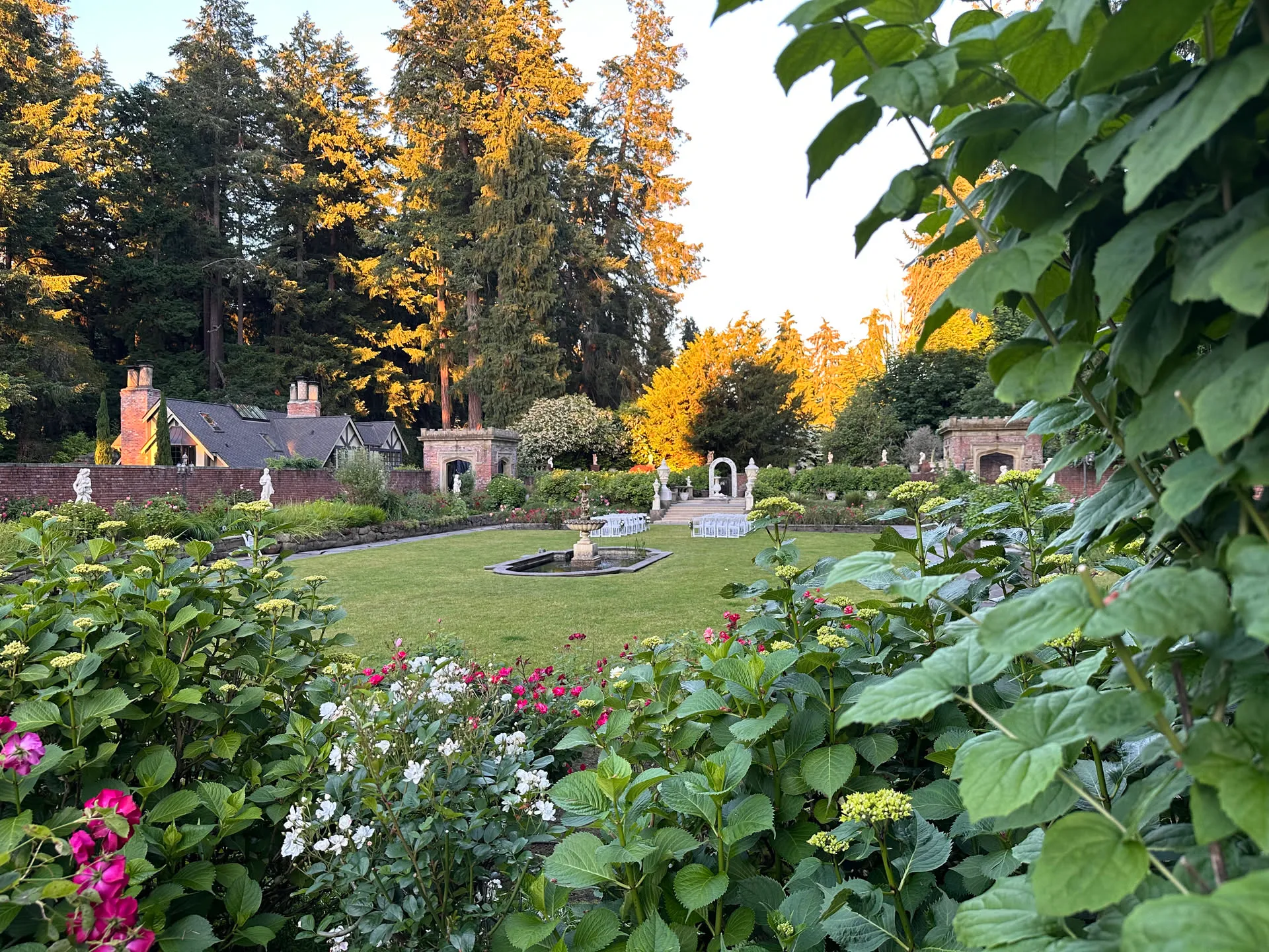 The gardens in golden light, the ceremony space among the flowers