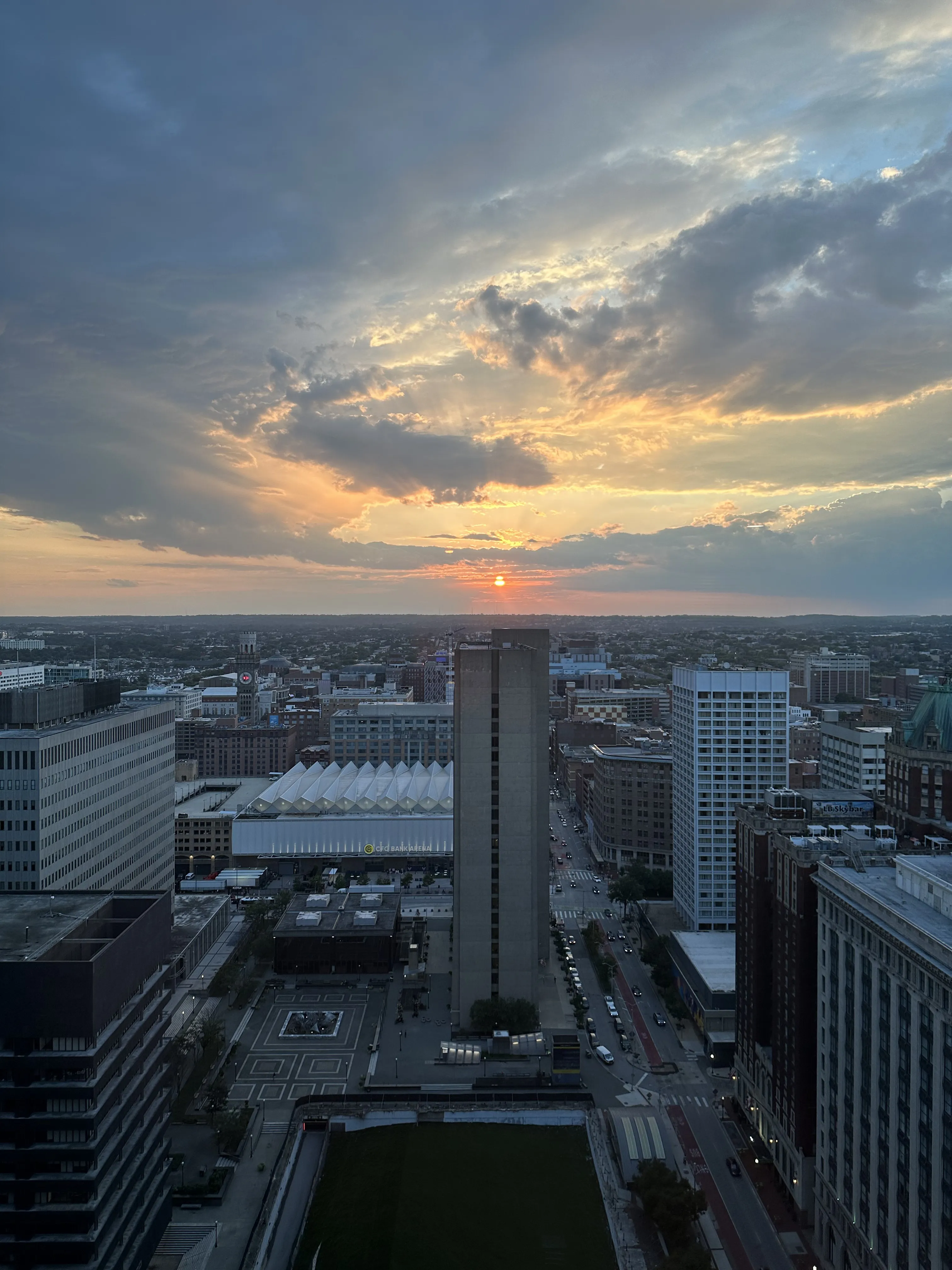 Baltimore skyline at dusk from a high vantage