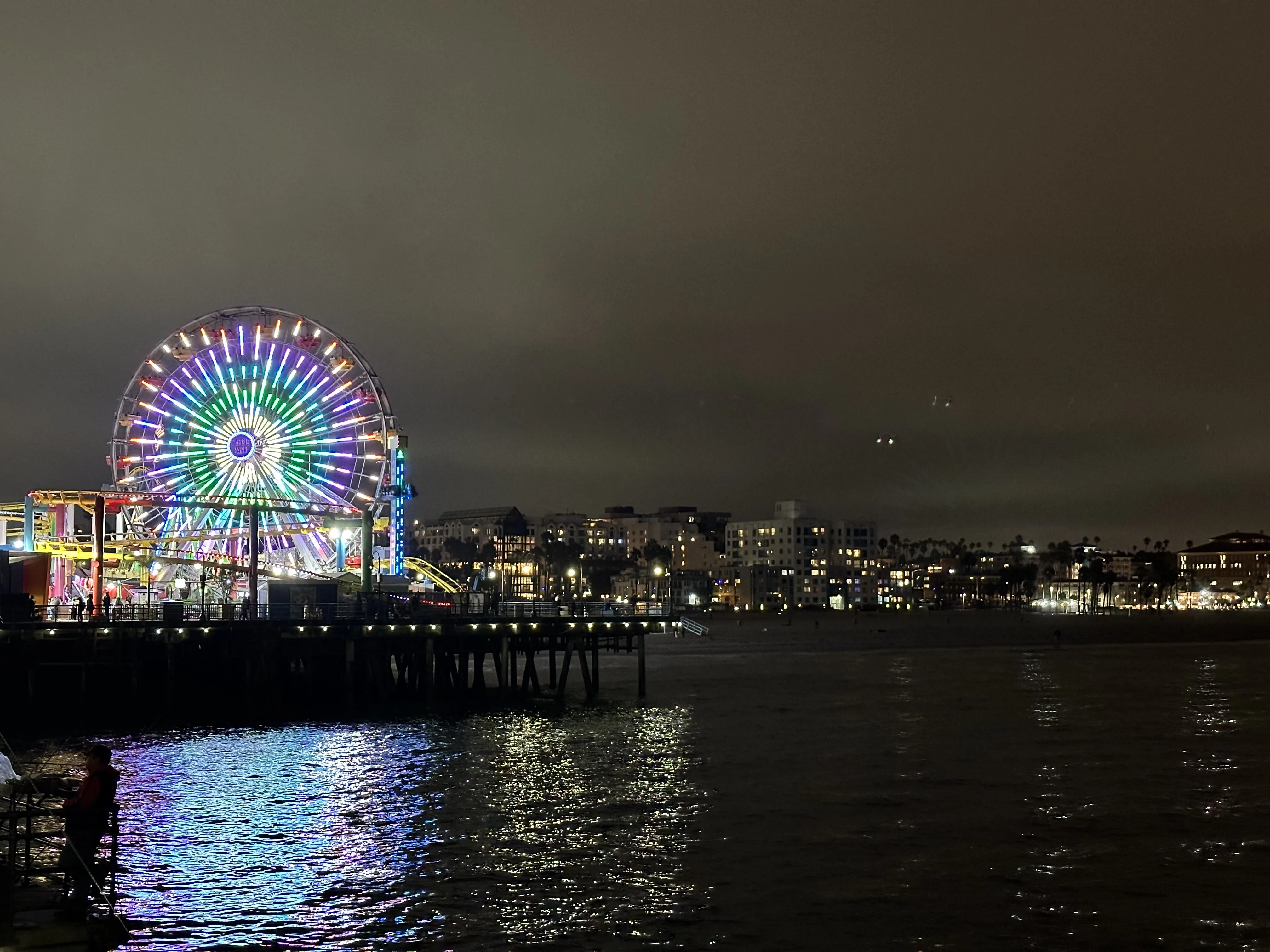 Santa Monica Pier ferris wheel lit up over the Pacific at night