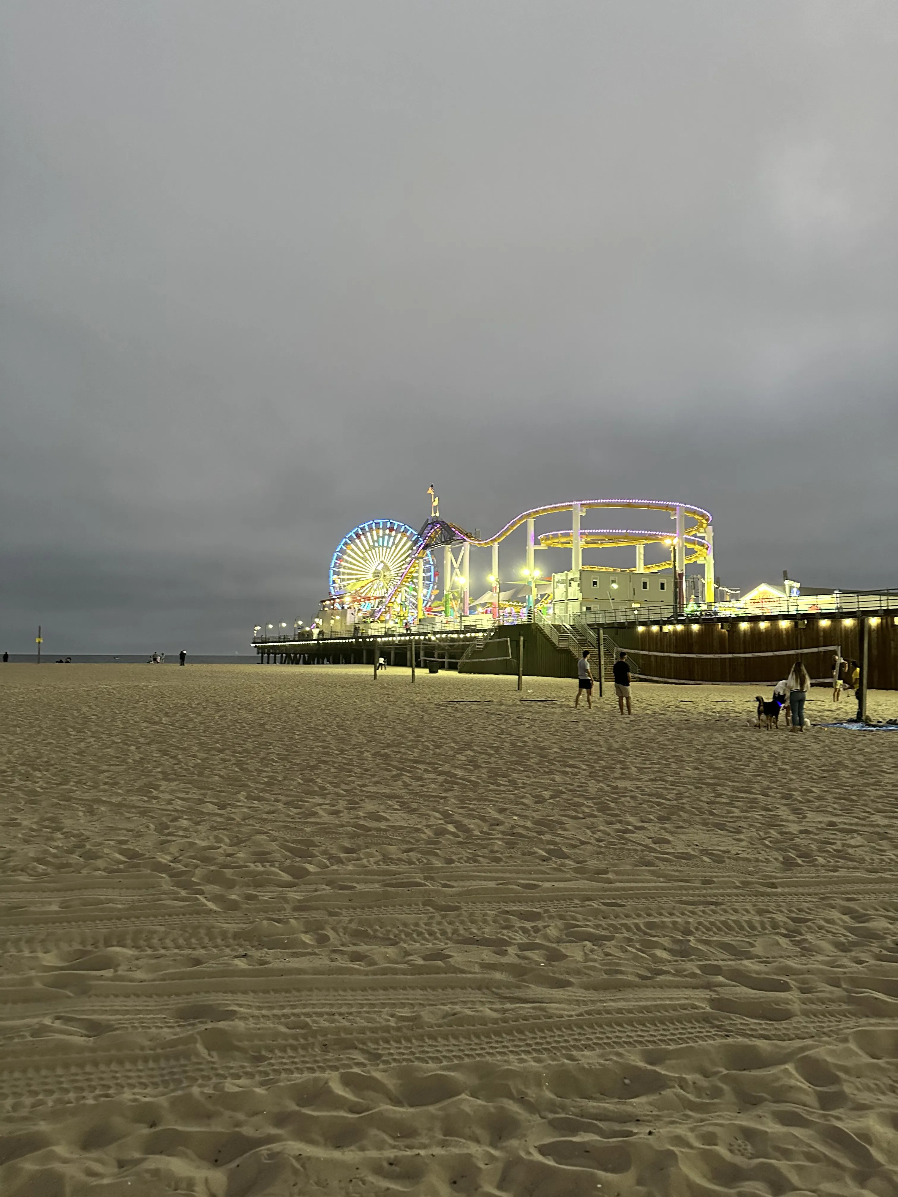 Pier and beach under a heavy California sky