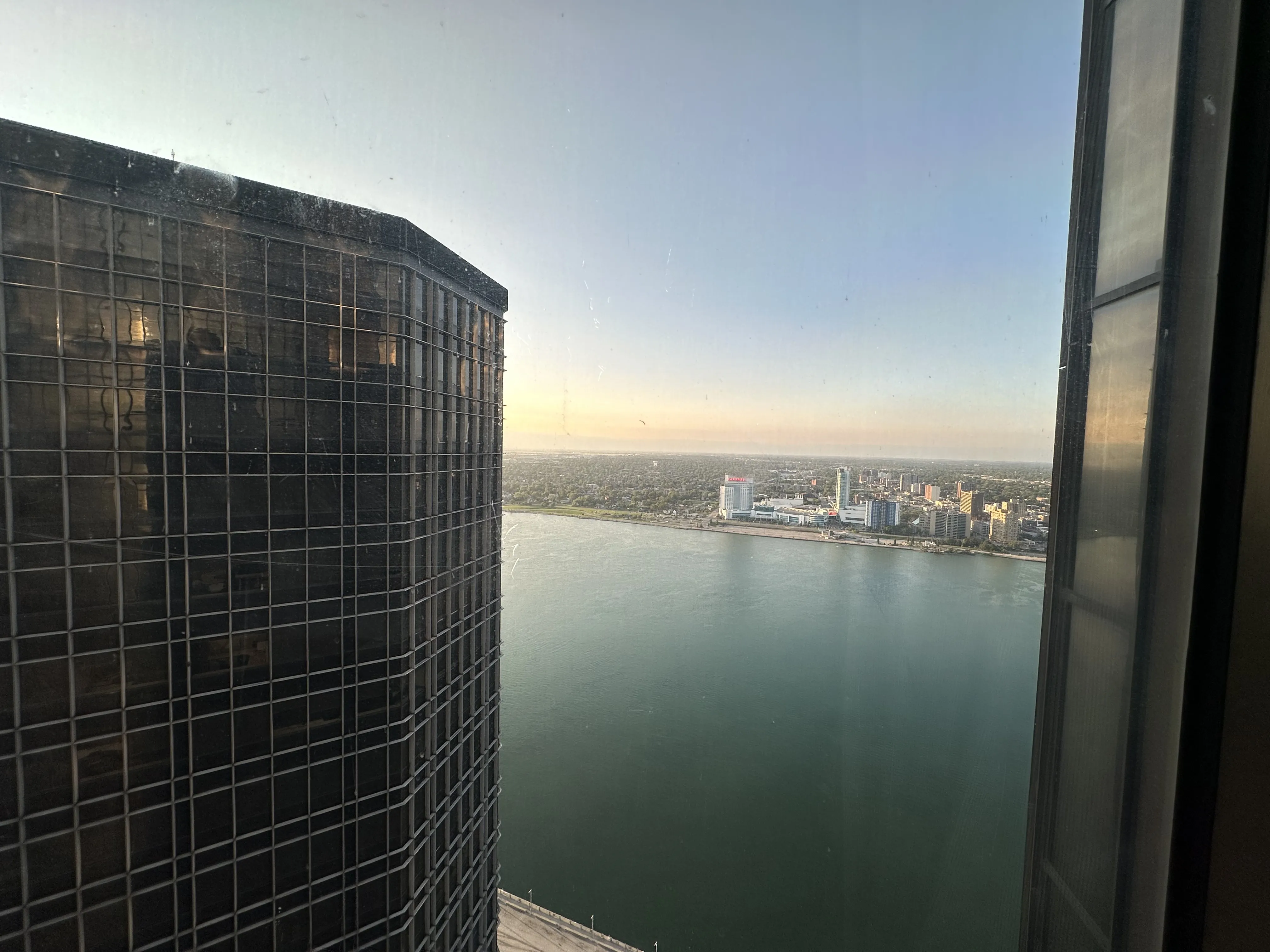 Detroit skyline at sunset from the riverfront