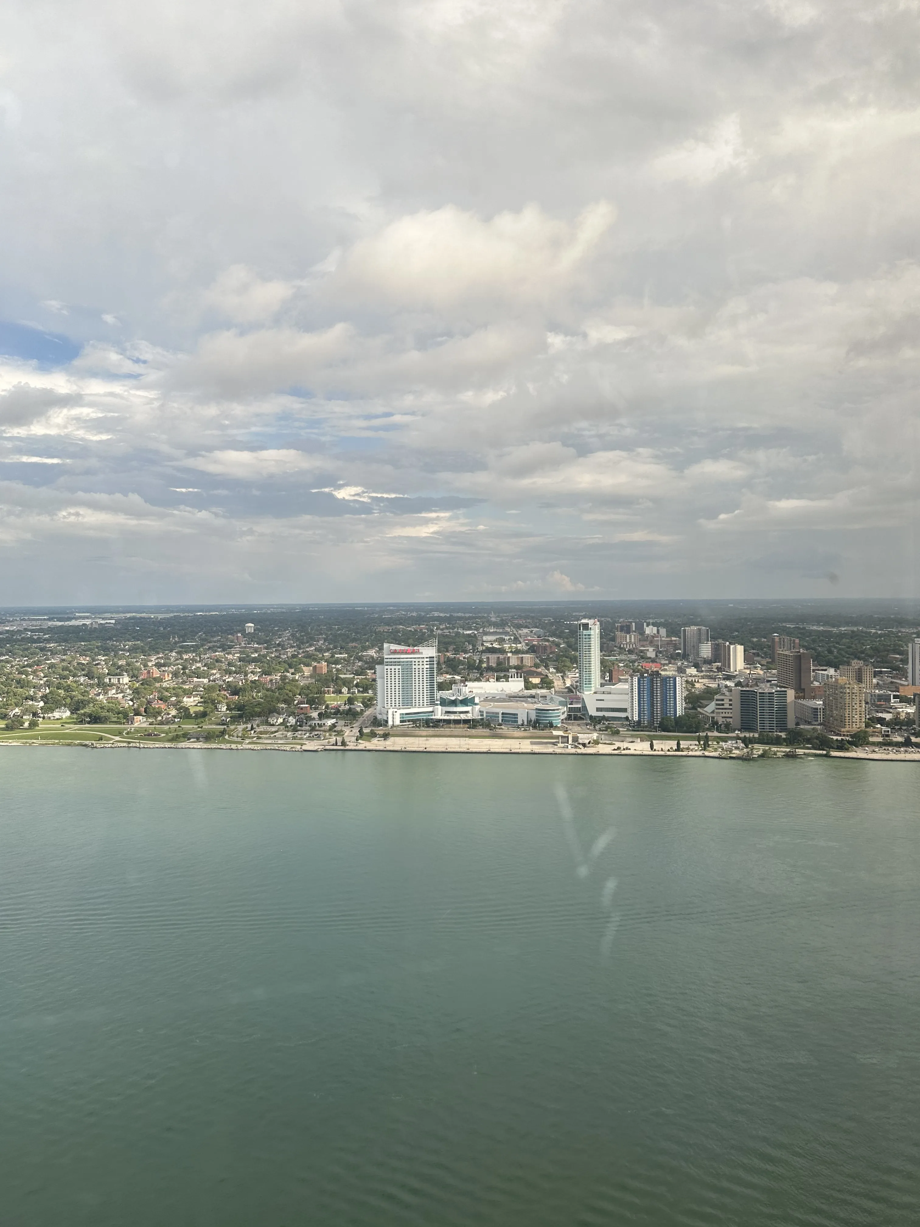 Aerial view of the Detroit skyline along the river