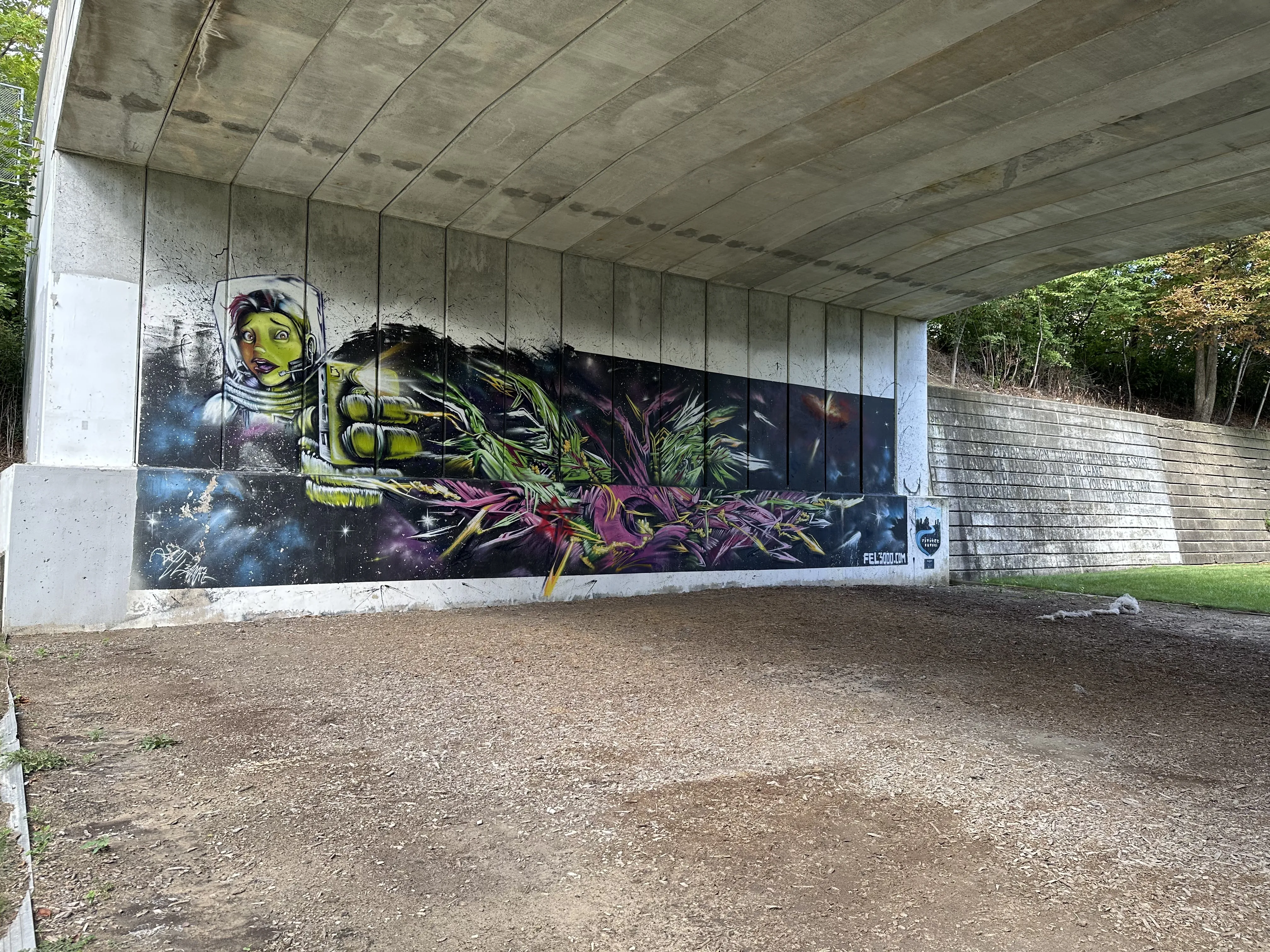 A street mural under a Detroit overpass