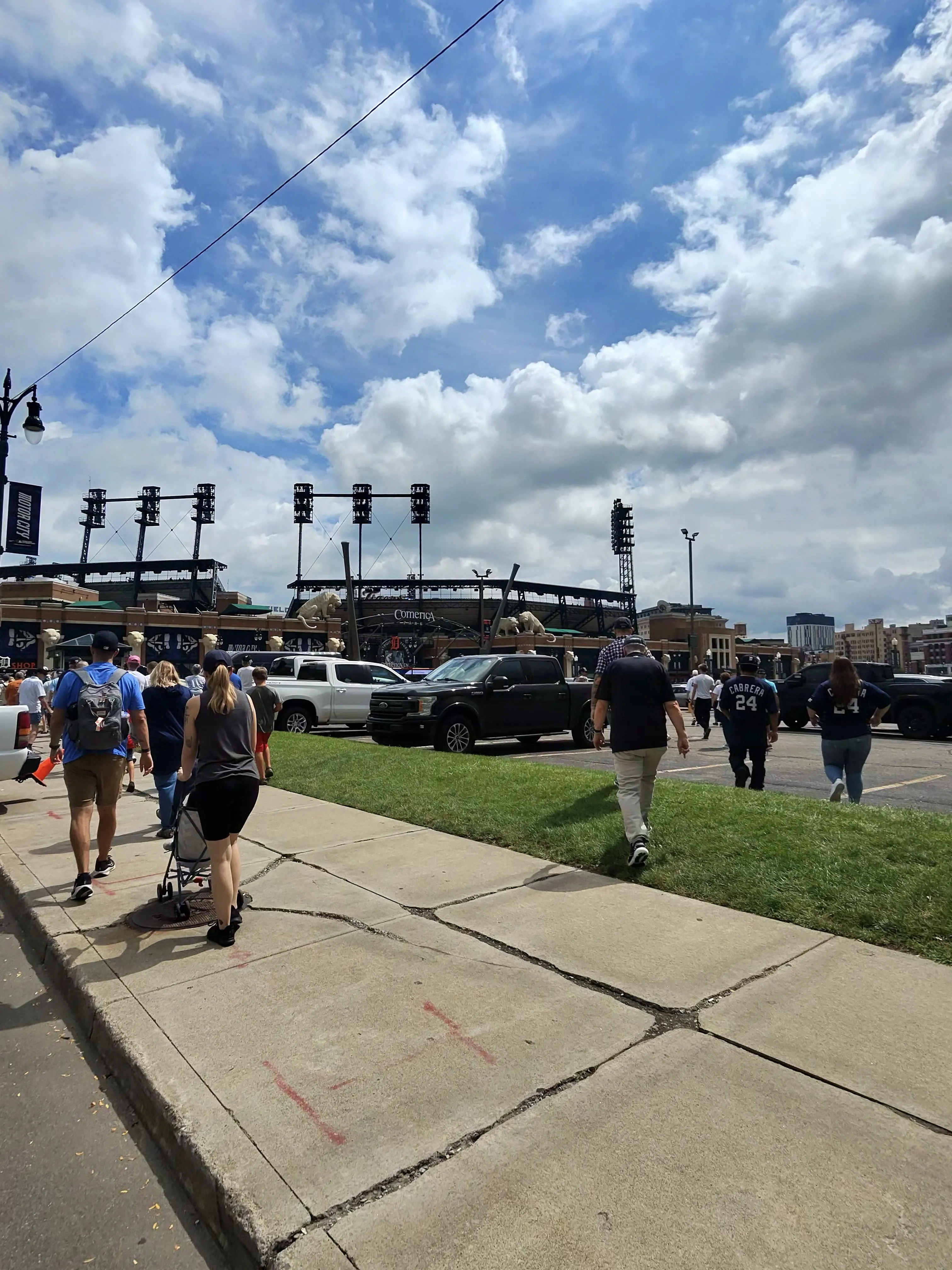 Tigers game in progress with storm clouds rolling in over Comerica Park