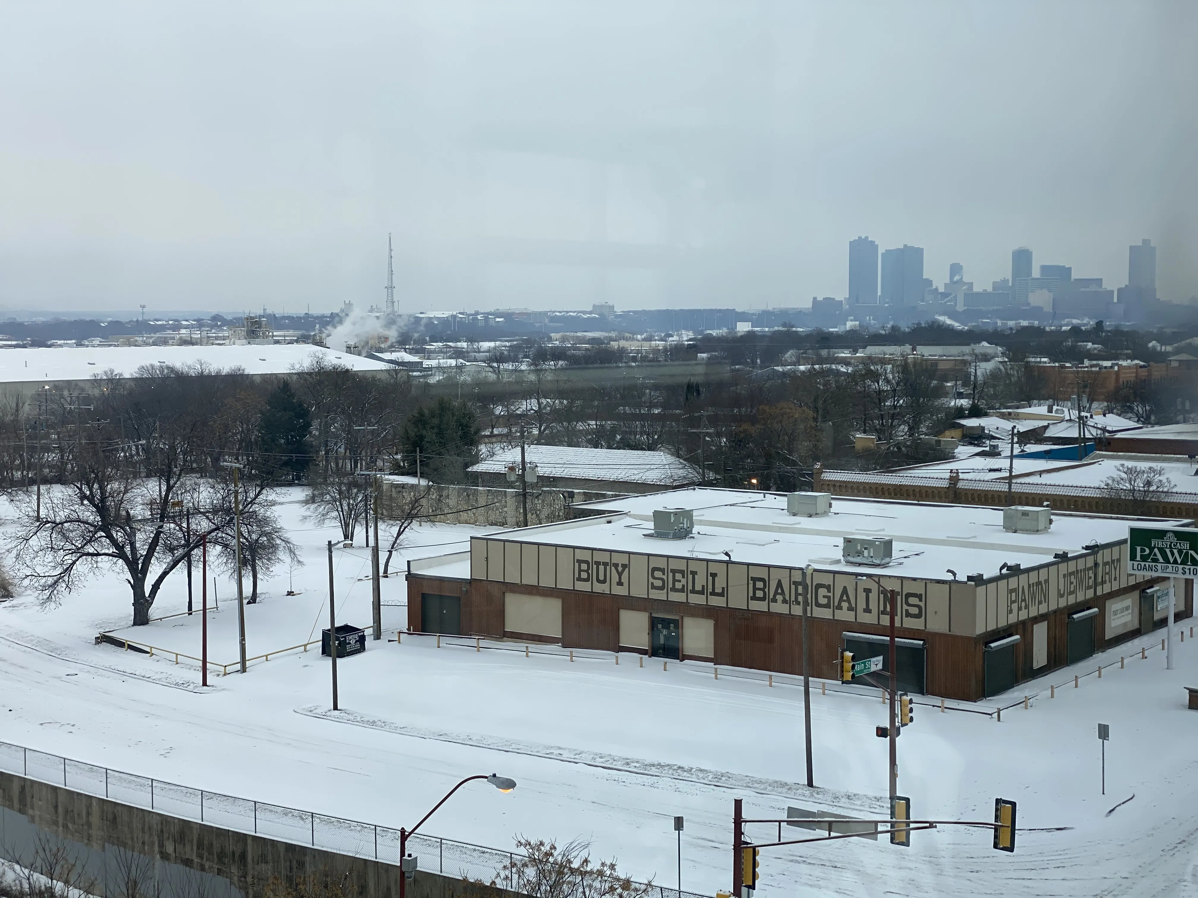 Snow-covered office buildings during the Texas freeze