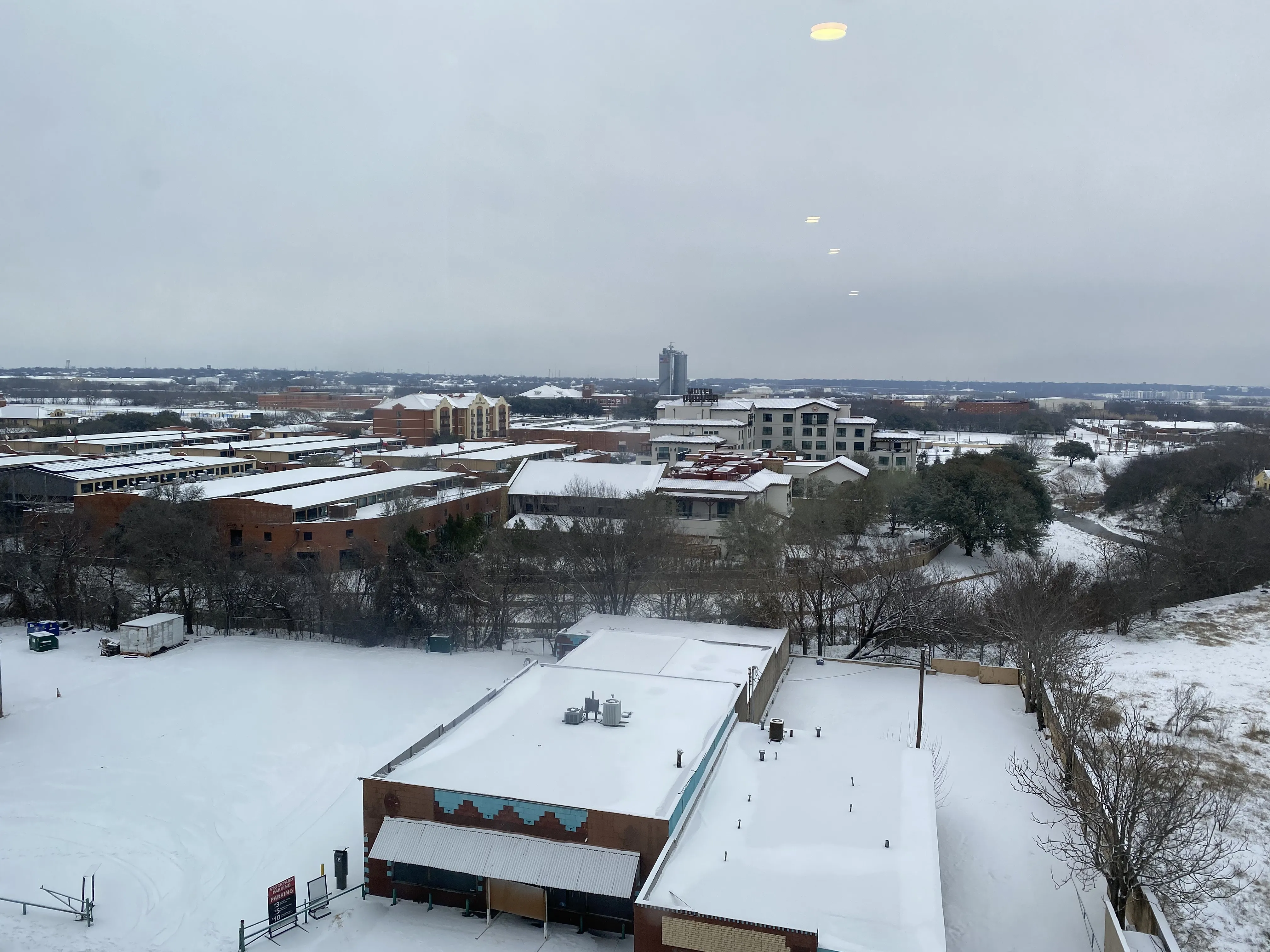 A snow-covered campus during the Texas freeze