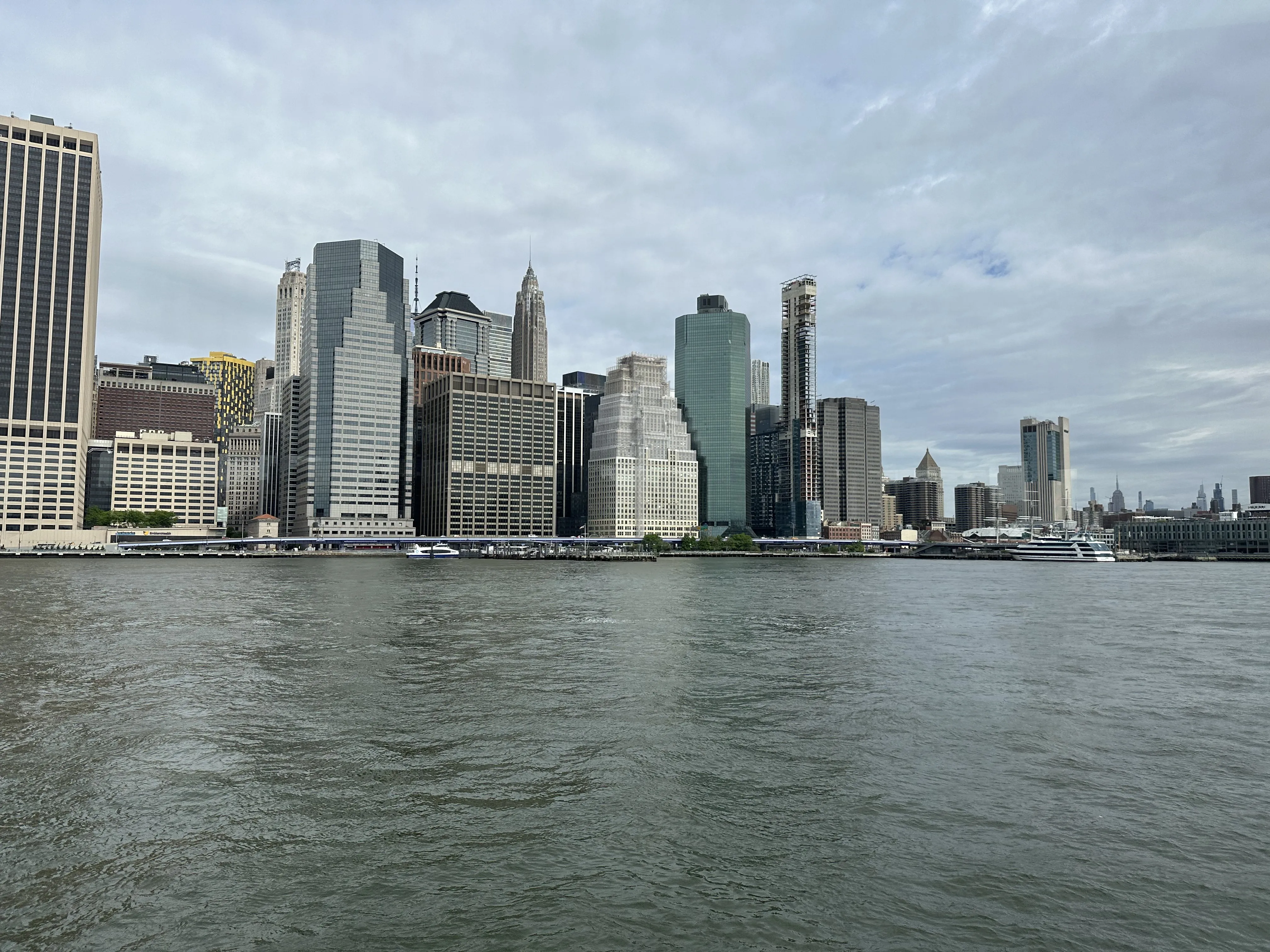 Lower Manhattan and the Brooklyn Bridge from the East River