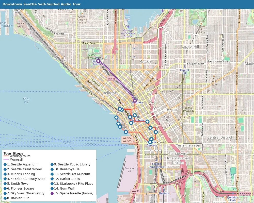 Route map of the Downtown Seattle Self-Guided Audio Tour — 15 stops from the Aquarium to the Space Needle, monorail in purple