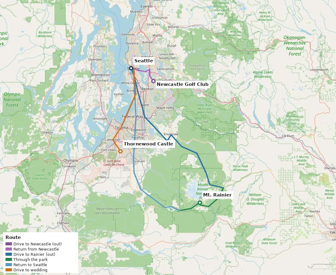 Map of the full week: the route out to Mount Rainier and back, the loop through the park marked by dropped pins, and the trip south to the wedding near Tacoma