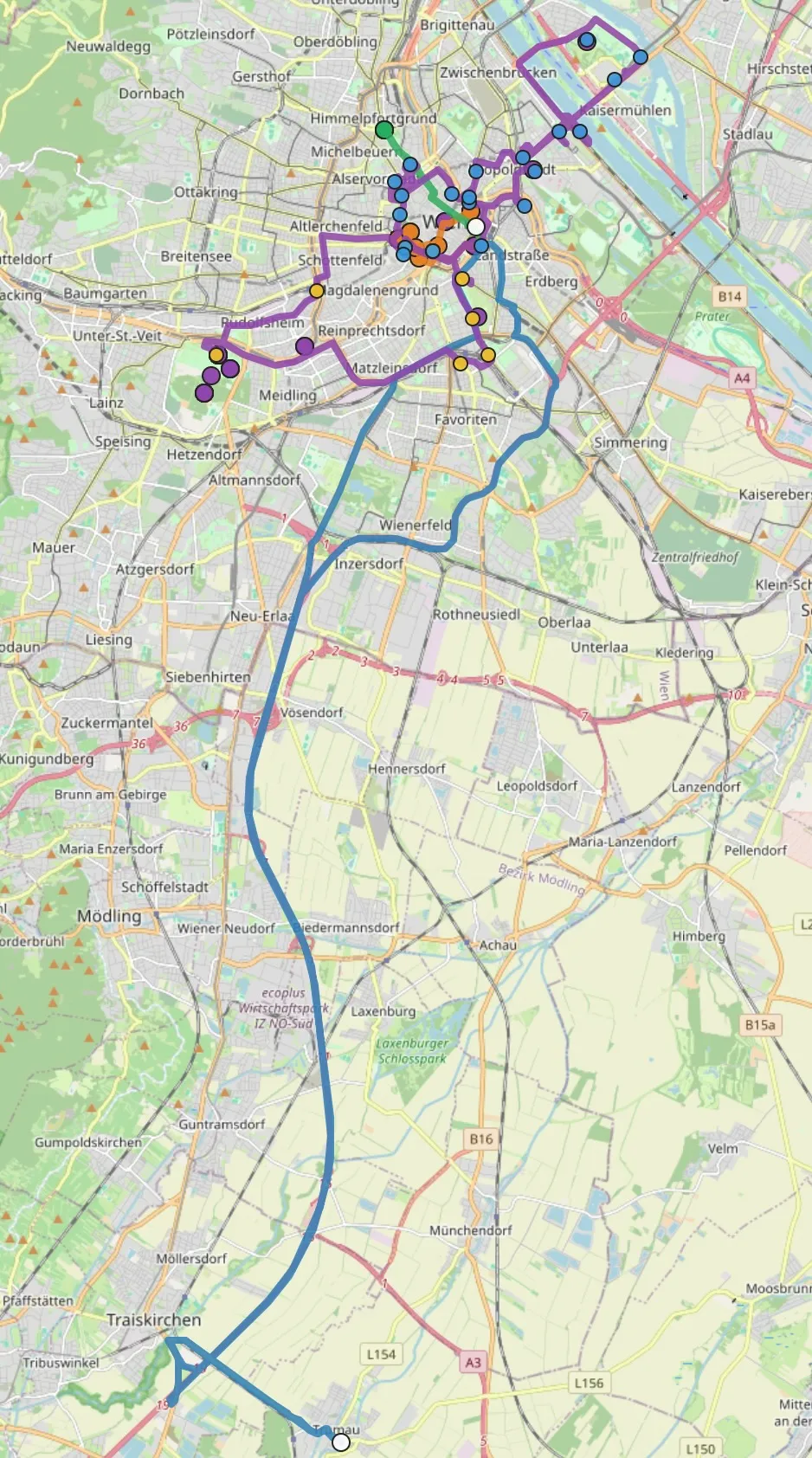 GPS track of the four days in and around Vienna, with stops in the city center and a side-trip down to Trumau